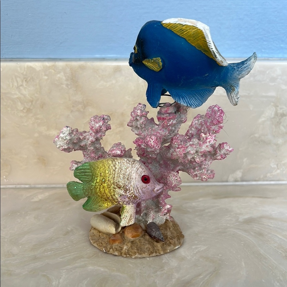 Vtg Blue & Green/Yellow Fish on Pink Sparkly Coral Used as Aquarium Ornament
